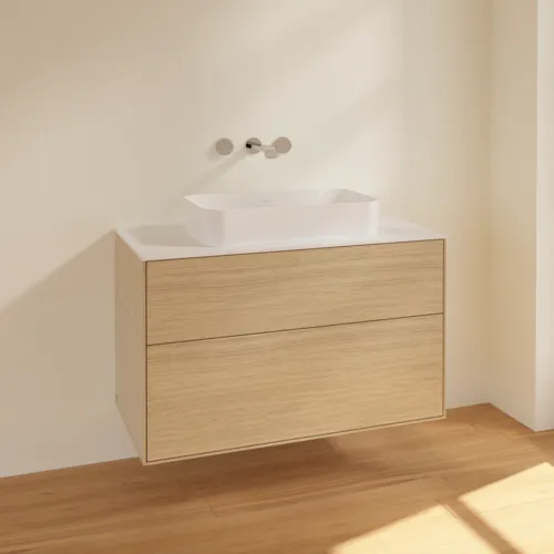 VILLEROY BOCH Finion Waschbeckenunterschrank, 2 Auszüge, 1000 x 603 x 501 mm, Oak Veneer / Glass White Matt #F64100PC, Bild 2
