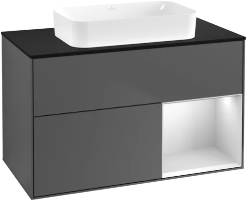 Obrázek VILLEROY BOCH Toaletní skříňka Finion, s osvětlením, 2 výsuvy, 1000 x 603 x 501 mm, antracitový matný lak / bílý matný lak / černé matné sklo #F662MTGK