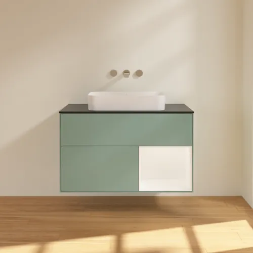 Bild von VILLEROY BOCH Finion Waschbeckenunterschrank, mit Beleuchtung, 2 Auszüge, 1000 x 603 x 501 mm, Olive Matt Lacquer / White Matt Lacquer / Glass Black Matt #F662MTGM
