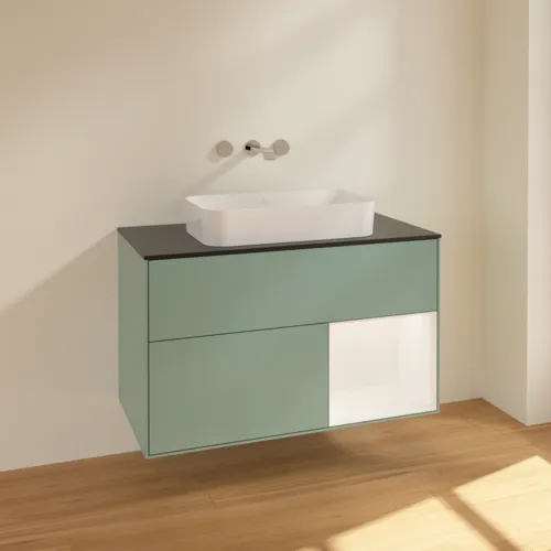 Bild von VILLEROY BOCH Finion Waschbeckenunterschrank, mit Beleuchtung, 2 Auszüge, 1000 x 603 x 501 mm, Olive Matt Lacquer / White Matt Lacquer / Glass Black Matt #F662MTGM