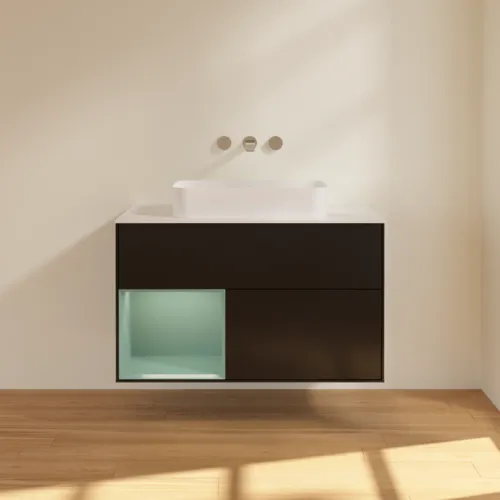VILLEROY BOCH Finion Waschbeckenunterschrank, mit Beleuchtung, 2 Auszüge, 1000 x 603 x 501 mm, Black Matt Lacquer / Olive Matt Lacquer / Glass White Matt #F651GMPD, Bild 3