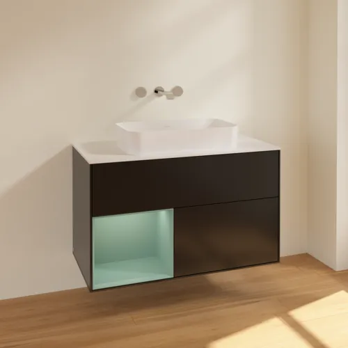 VILLEROY BOCH Finion Waschbeckenunterschrank, mit Beleuchtung, 2 Auszüge, 1000 x 603 x 501 mm, Black Matt Lacquer / Olive Matt Lacquer / Glass White Matt #F651GMPD, Bild 2
