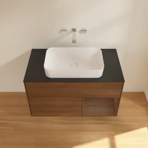 Bild von VILLEROY BOCH Finion Waschbeckenunterschrank, mit Beleuchtung, 2 Auszüge, 1000 x 603 x 501 mm, Walnut Veneer / Walnut Veneer / Glass Black Matt #F662GNGN