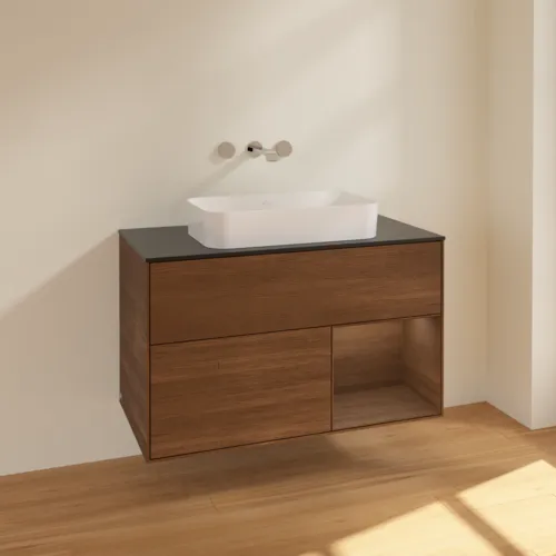Bild von VILLEROY BOCH Finion Waschbeckenunterschrank, mit Beleuchtung, 2 Auszüge, 1000 x 603 x 501 mm, Walnut Veneer / Walnut Veneer / Glass Black Matt #F662GNGN