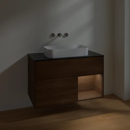 Bild von VILLEROY BOCH Finion Waschbeckenunterschrank, mit Beleuchtung, 2 Auszüge, 1000 x 603 x 501 mm, Walnut Veneer / Walnut Veneer / Glass Black Matt #F662GNGN