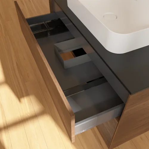 Bild von VILLEROY BOCH Finion Waschbeckenunterschrank, mit Beleuchtung, 2 Auszüge, 1000 x 603 x 501 mm, Walnut Veneer / Walnut Veneer / Glass Black Matt #F662GNGN