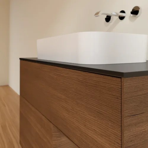 Bild von VILLEROY BOCH Finion Waschbeckenunterschrank, mit Beleuchtung, 2 Auszüge, 1000 x 603 x 501 mm, Walnut Veneer / Walnut Veneer / Glass Black Matt #F662GNGN