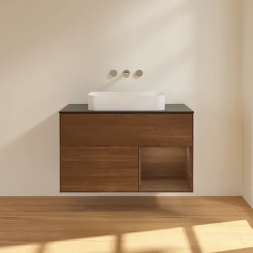 Bild von VILLEROY BOCH Finion Waschbeckenunterschrank, mit Beleuchtung, 2 Auszüge, 1000 x 603 x 501 mm, Walnut Veneer / Walnut Veneer / Glass Black Matt #F662GNGN