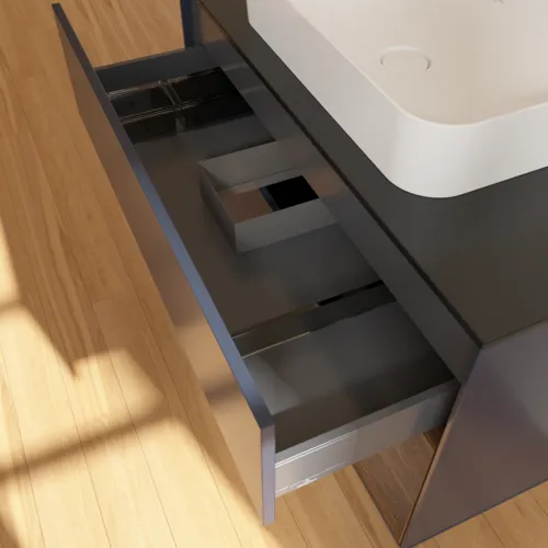 Bild von VILLEROY BOCH Finion Waschbeckenunterschrank, mit Beleuchtung, 2 Auszüge, 1000 x 603 x 501 mm, Midnight Blue Matt Lacquer / Walnut Veneer / Glass Black Matt #F662GNHG