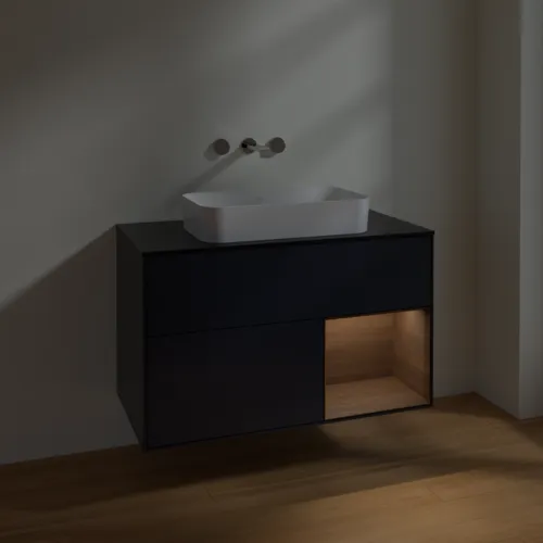 Bild von VILLEROY BOCH Finion Waschbeckenunterschrank, mit Beleuchtung, 2 Auszüge, 1000 x 603 x 501 mm, Midnight Blue Matt Lacquer / Walnut Veneer / Glass Black Matt #F662GNHG