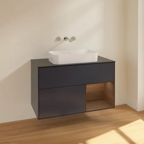 Bild von VILLEROY BOCH Finion Waschbeckenunterschrank, mit Beleuchtung, 2 Auszüge, 1000 x 603 x 501 mm, Midnight Blue Matt Lacquer / Walnut Veneer / Glass Black Matt #F662GNHG