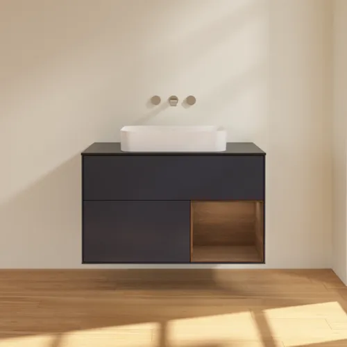 Bild von VILLEROY BOCH Finion Waschbeckenunterschrank, mit Beleuchtung, 2 Auszüge, 1000 x 603 x 501 mm, Midnight Blue Matt Lacquer / Walnut Veneer / Glass Black Matt #F662GNHG