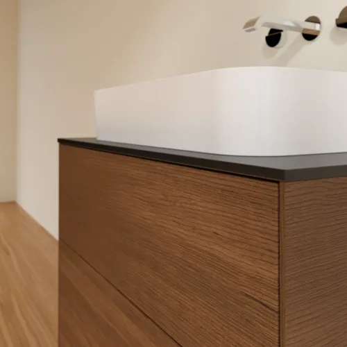 Picture of VILLEROY BOCH Finion Vanity unit, 2 pull-out compartments, 800 x 603 x 501 mm, Walnut Veneer / Glass Black Matt #F63200GN