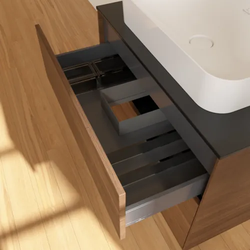Picture of VILLEROY BOCH Finion Vanity unit, 2 pull-out compartments, 800 x 603 x 501 mm, Walnut Veneer / Glass Black Matt #F63200GN