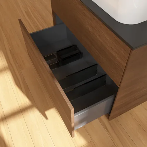 Picture of VILLEROY BOCH Finion Vanity unit, 2 pull-out compartments, 800 x 603 x 501 mm, Walnut Veneer / Glass Black Matt #F63200GN