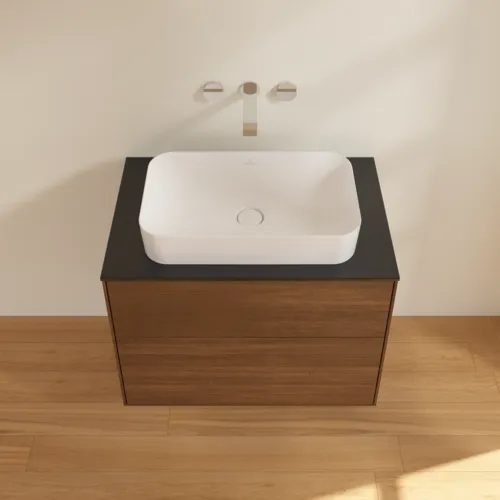 Picture of VILLEROY BOCH Finion Vanity unit, 2 pull-out compartments, 800 x 603 x 501 mm, Walnut Veneer / Glass Black Matt #F63200GN