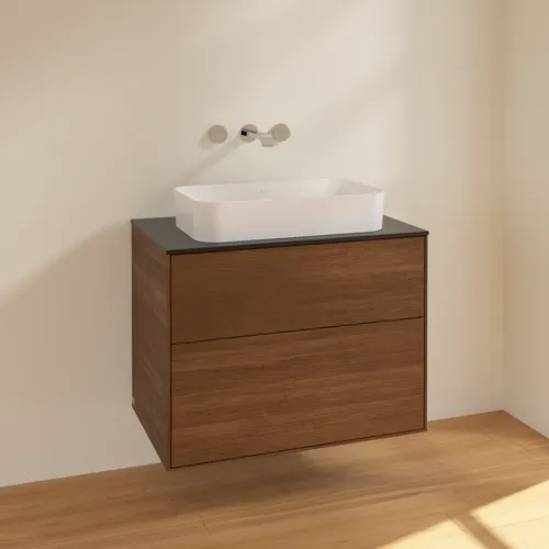 Picture of VILLEROY BOCH Finion Vanity unit, 2 pull-out compartments, 800 x 603 x 501 mm, Walnut Veneer / Glass Black Matt #F63200GN