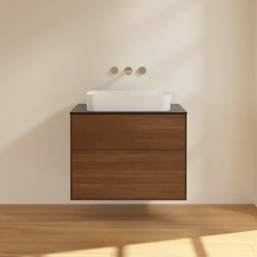 Picture of VILLEROY BOCH Finion Vanity unit, 2 pull-out compartments, 800 x 603 x 501 mm, Walnut Veneer / Glass Black Matt #F63200GN