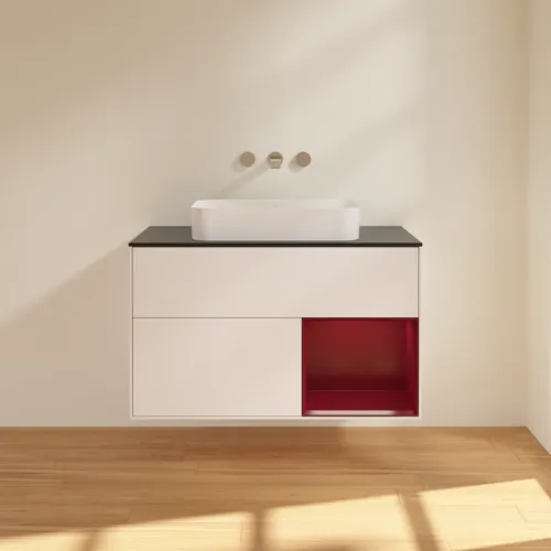 VILLEROY BOCH Finion Waschbeckenunterschrank, mit Beleuchtung, 2 Auszüge, 1000 x 603 x 501 mm, White Matt Lacquer / Peony Matt Lacquer / Glass Black Matt #F662HBMT, Bild 3