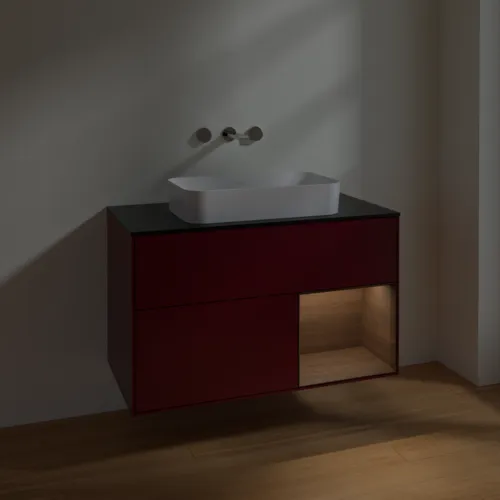 Bild von VILLEROY BOCH Finion Waschbeckenunterschrank, mit Beleuchtung, 2 Auszüge, 1000 x 603 x 501 mm, Peony Matt Lacquer / Walnut Veneer / Glass Black Matt #F662GNHB