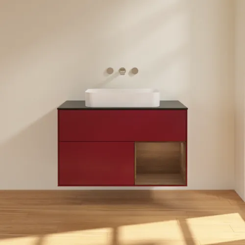 Bild von VILLEROY BOCH Finion Waschbeckenunterschrank, mit Beleuchtung, 2 Auszüge, 1000 x 603 x 501 mm, Peony Matt Lacquer / Walnut Veneer / Glass Black Matt #F662GNHB