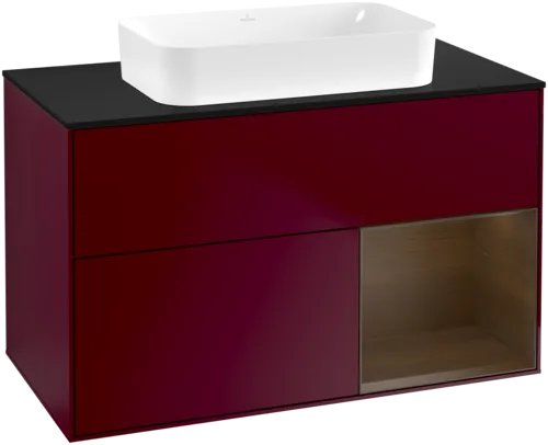Picture of VILLEROY BOCH Finion Vanity unit, with lighting, 2 pull-out compartments, 1000 x 603 x 501 mm, Peony Matt Lacquer / Walnut Veneer / Glass Black Matt #F662GNHB
