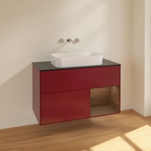 Bild von VILLEROY BOCH Finion Waschbeckenunterschrank, mit Beleuchtung, 2 Auszüge, 1000 x 603 x 501 mm, Peony Matt Lacquer / Walnut Veneer / Glass Black Matt #F662GNHB