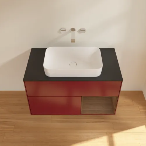 Bild von VILLEROY BOCH Finion Waschbeckenunterschrank, mit Beleuchtung, 2 Auszüge, 1000 x 603 x 501 mm, Peony Matt Lacquer / Walnut Veneer / Glass Black Matt #F662GNHB