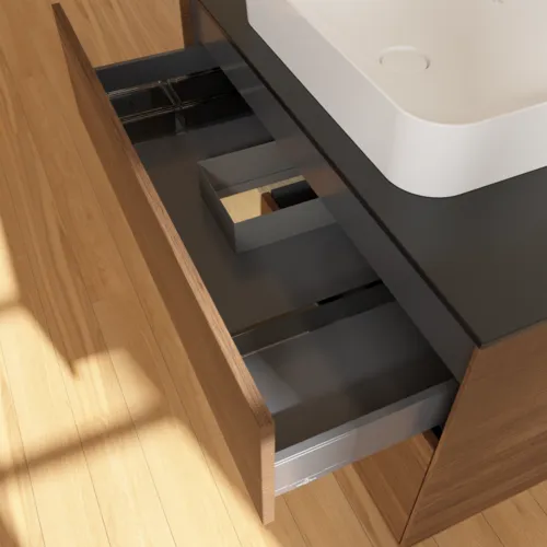 VILLEROY BOCH Finion Waschbeckenunterschrank, mit Beleuchtung, 2 Auszüge, 1000 x 603 x 501 mm, Walnut Veneer / Oak Veneer / Glass Black Matt #F652PCGN, Bild 8
