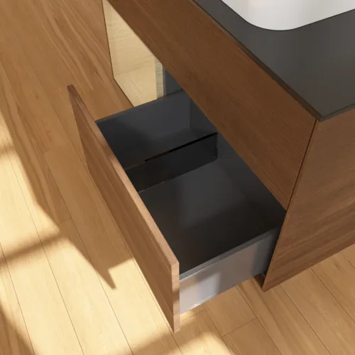 VILLEROY BOCH Finion Waschbeckenunterschrank, mit Beleuchtung, 2 Auszüge, 1000 x 603 x 501 mm, Walnut Veneer / Oak Veneer / Glass Black Matt #F652PCGN, Bild 7