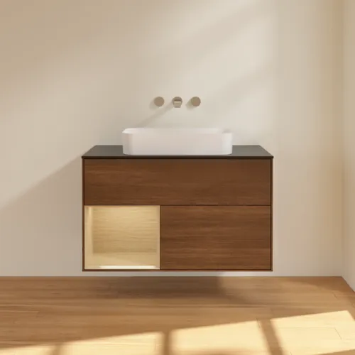 VILLEROY BOCH Finion Waschbeckenunterschrank, mit Beleuchtung, 2 Auszüge, 1000 x 603 x 501 mm, Walnut Veneer / Oak Veneer / Glass Black Matt #F652PCGN, Bild 3