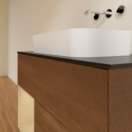 VILLEROY BOCH Finion Waschbeckenunterschrank, mit Beleuchtung, 2 Auszüge, 1000 x 603 x 501 mm, Walnut Veneer / Oak Veneer / Glass Black Matt #F652PCGN, Bild 6