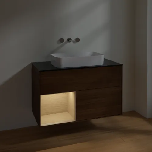 VILLEROY BOCH Finion Waschbeckenunterschrank, mit Beleuchtung, 2 Auszüge, 1000 x 603 x 501 mm, Walnut Veneer / Oak Veneer / Glass Black Matt #F652PCGN, Bild 5