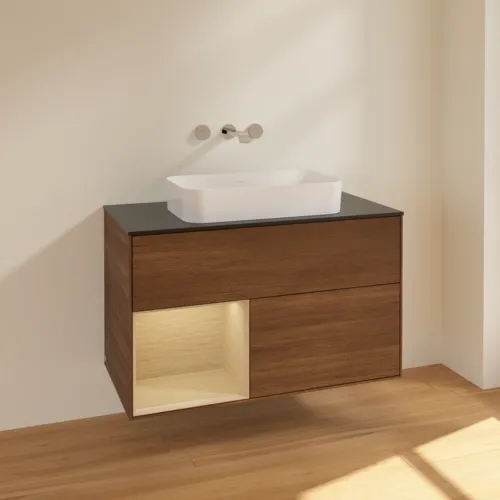 VILLEROY BOCH Finion Waschbeckenunterschrank, mit Beleuchtung, 2 Auszüge, 1000 x 603 x 501 mm, Walnut Veneer / Oak Veneer / Glass Black Matt #F652PCGN, Bild 2