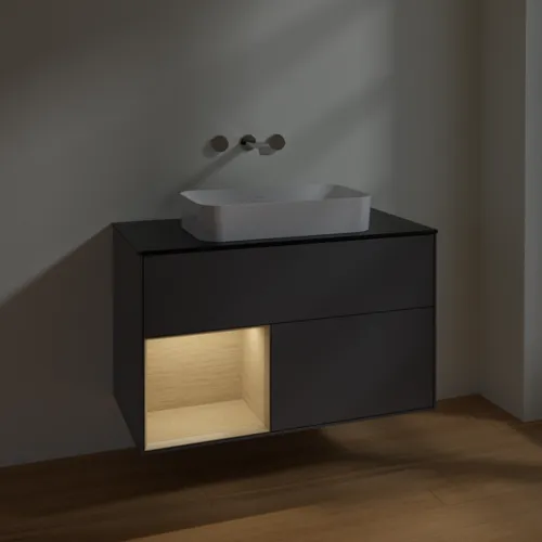 Bild von VILLEROY BOCH Finion Waschbeckenunterschrank, mit Beleuchtung, 2 Auszüge, 1000 x 603 x 501 mm, Anthracite Matt Lacquer / Oak Veneer / Glass Black Matt #F652PCGK