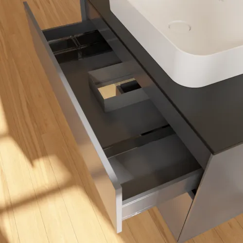Bild von VILLEROY BOCH Finion Waschbeckenunterschrank, mit Beleuchtung, 2 Auszüge, 1000 x 603 x 501 mm, Anthracite Matt Lacquer / Oak Veneer / Glass Black Matt #F652PCGK