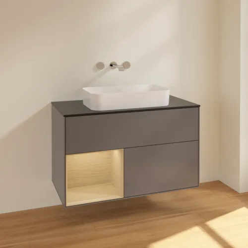 Bild von VILLEROY BOCH Finion Waschbeckenunterschrank, mit Beleuchtung, 2 Auszüge, 1000 x 603 x 501 mm, Anthracite Matt Lacquer / Oak Veneer / Glass Black Matt #F652PCGK