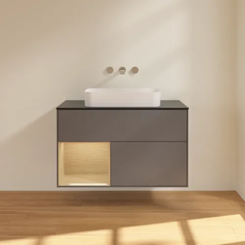 Bild von VILLEROY BOCH Finion Waschbeckenunterschrank, mit Beleuchtung, 2 Auszüge, 1000 x 603 x 501 mm, Anthracite Matt Lacquer / Oak Veneer / Glass Black Matt #F652PCGK