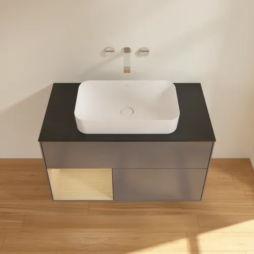 Bild von VILLEROY BOCH Finion Waschbeckenunterschrank, mit Beleuchtung, 2 Auszüge, 1000 x 603 x 501 mm, Anthracite Matt Lacquer / Oak Veneer / Glass Black Matt #F652PCGK