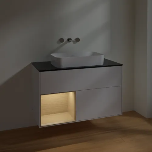VILLEROY BOCH Finion Waschbeckenunterschrank, mit Beleuchtung, 2 Auszüge, 1000 x 603 x 501 mm, Glossy White Lacquer / Oak Veneer / Glass Black Matt #F652PCGF, Bild 5