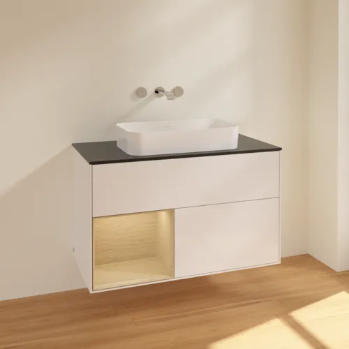VILLEROY BOCH Finion Waschbeckenunterschrank, mit Beleuchtung, 2 Auszüge, 1000 x 603 x 501 mm, Glossy White Lacquer / Oak Veneer / Glass Black Matt #F652PCGF, Bild 2