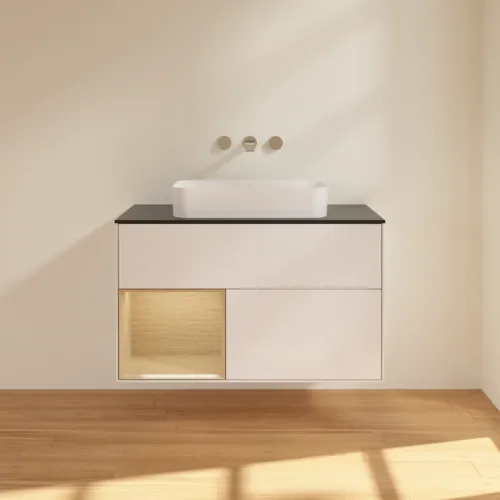VILLEROY BOCH Finion Waschbeckenunterschrank, mit Beleuchtung, 2 Auszüge, 1000 x 603 x 501 mm, Glossy White Lacquer / Oak Veneer / Glass Black Matt #F652PCGF, Bild 3