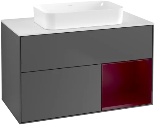 Obrázek VILLEROY BOCH Toaletní skříňka Finion, s osvětlením, 2 výsuvy, 1000 x 603 x 501 mm, antracit matný lak / pivoňka matný lak / sklo bílé matné #F661HBGK