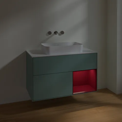 Bild von VILLEROY BOCH Finion Waschbeckenunterschrank, mit Beleuchtung, 2 Auszüge, 1000 x 603 x 501 mm, Olive Matt Lacquer / Peony Matt Lacquer / Glass White Matt #F661HBGM
