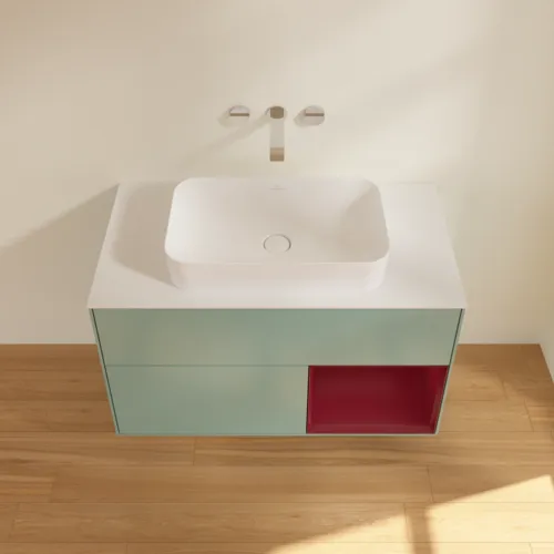 Bild von VILLEROY BOCH Finion Waschbeckenunterschrank, mit Beleuchtung, 2 Auszüge, 1000 x 603 x 501 mm, Olive Matt Lacquer / Peony Matt Lacquer / Glass White Matt #F661HBGM