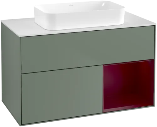 VILLEROY BOCH Finion Vanity unit, with lighting, 2 pull-out compartments, 1000 x 603 x 501 mm, Olive Matt Lacquer / Peony Matt Lacquer / Glass White Matt #F661HBGM resmi