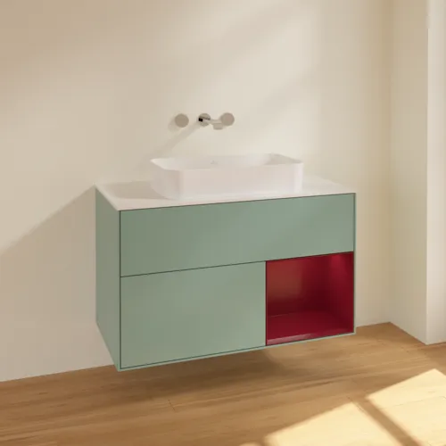 Bild von VILLEROY BOCH Finion Waschbeckenunterschrank, mit Beleuchtung, 2 Auszüge, 1000 x 603 x 501 mm, Olive Matt Lacquer / Peony Matt Lacquer / Glass White Matt #F661HBGM