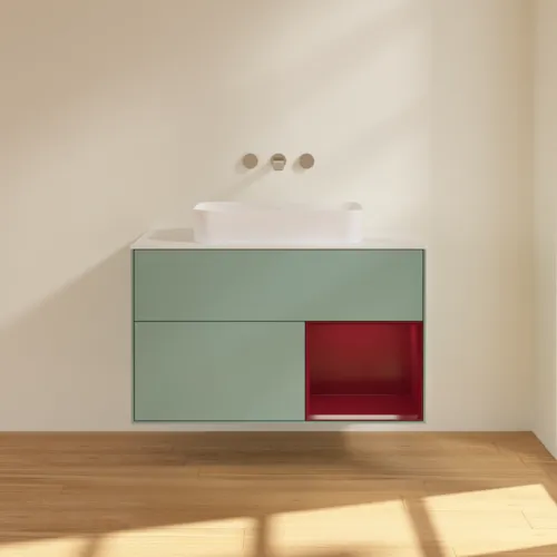 Bild von VILLEROY BOCH Finion Waschbeckenunterschrank, mit Beleuchtung, 2 Auszüge, 1000 x 603 x 501 mm, Olive Matt Lacquer / Peony Matt Lacquer / Glass White Matt #F661HBGM