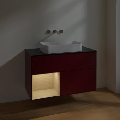 Bild von VILLEROY BOCH Finion Waschbeckenunterschrank, mit Beleuchtung, 2 Auszüge, 1000 x 603 x 501 mm, Peony Matt Lacquer / Oak Veneer / Glass Black Matt #F652PCHB