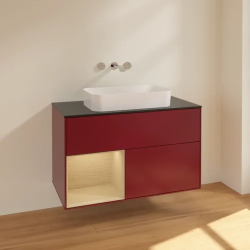 Bild von VILLEROY BOCH Finion Waschbeckenunterschrank, mit Beleuchtung, 2 Auszüge, 1000 x 603 x 501 mm, Peony Matt Lacquer / Oak Veneer / Glass Black Matt #F652PCHB